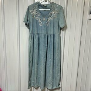 Vintage Women's Long Denim Dress Embroidered Rhinestones 1990s Western